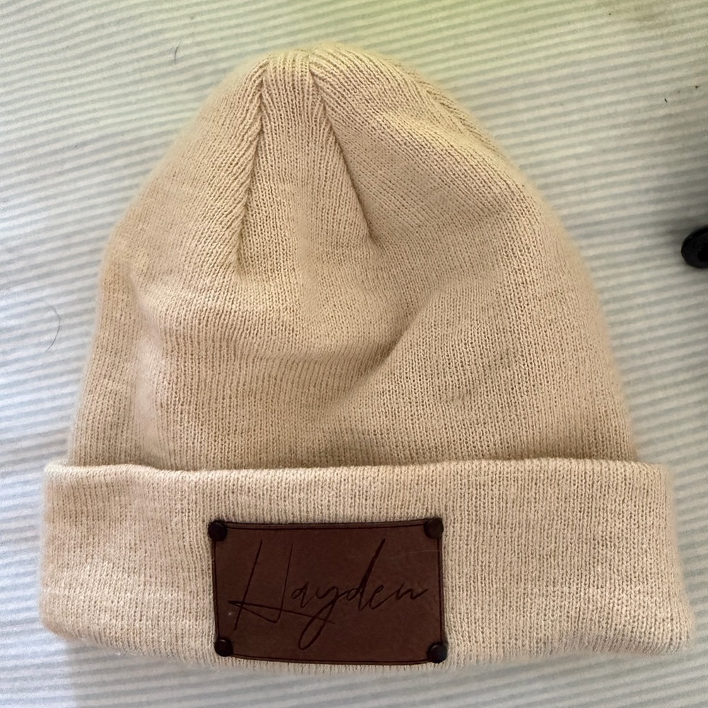 Hayden Cream Knit Beanie with Brown Leather Patch